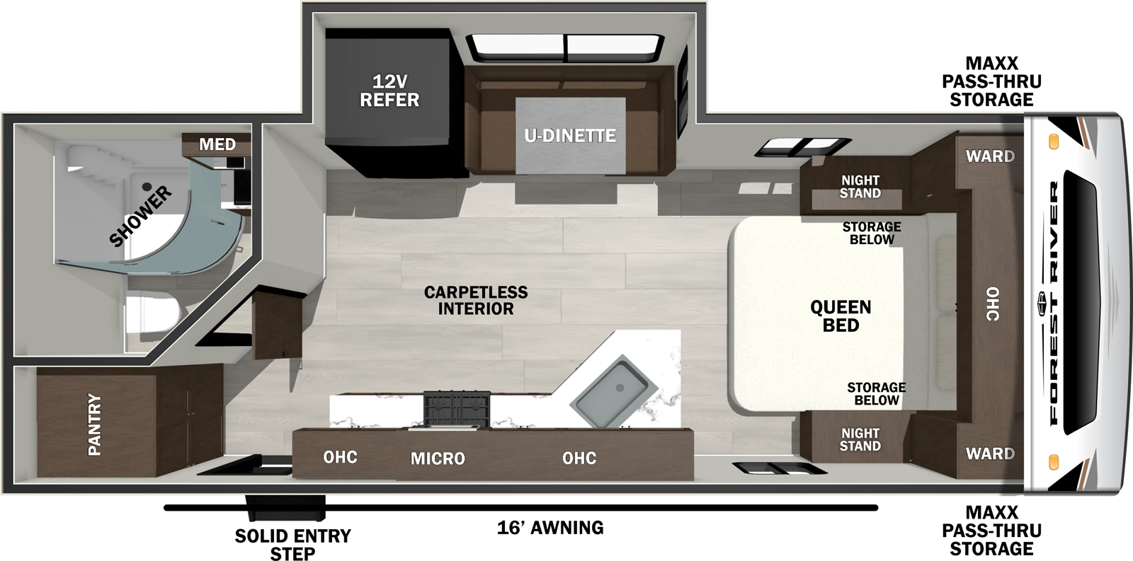 The Wildcat Travel Trailers 220BATH floorplan has one entry and one slide out. Exterior features include: fiberglass exterior and 16' awning. Interiors features include: u-dinette and front bedroom.